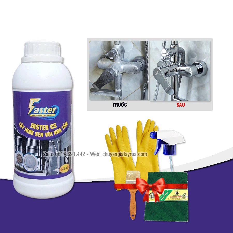 Combo Chất Tẩy Rửa Inox Nhà Tắm, Sen Vòi, Cặn Canxi Inox Faster 500ml (Kèm bộ phụ kiện 4 món)