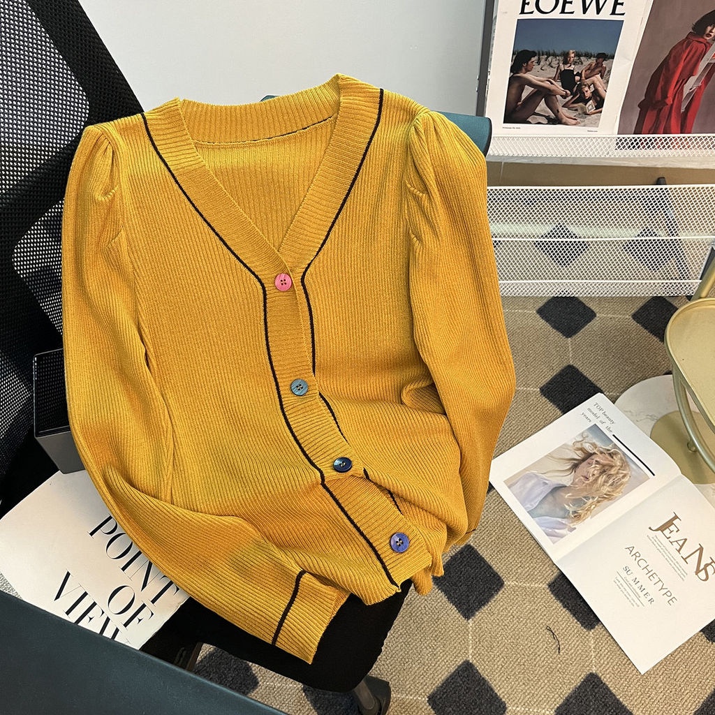 Áo Khoác cardigan Cổ Chữ V Tay Phồng Cài Nút Màu Sắc Tương Phản Thời Trang Mùa Thu Cho Nữ