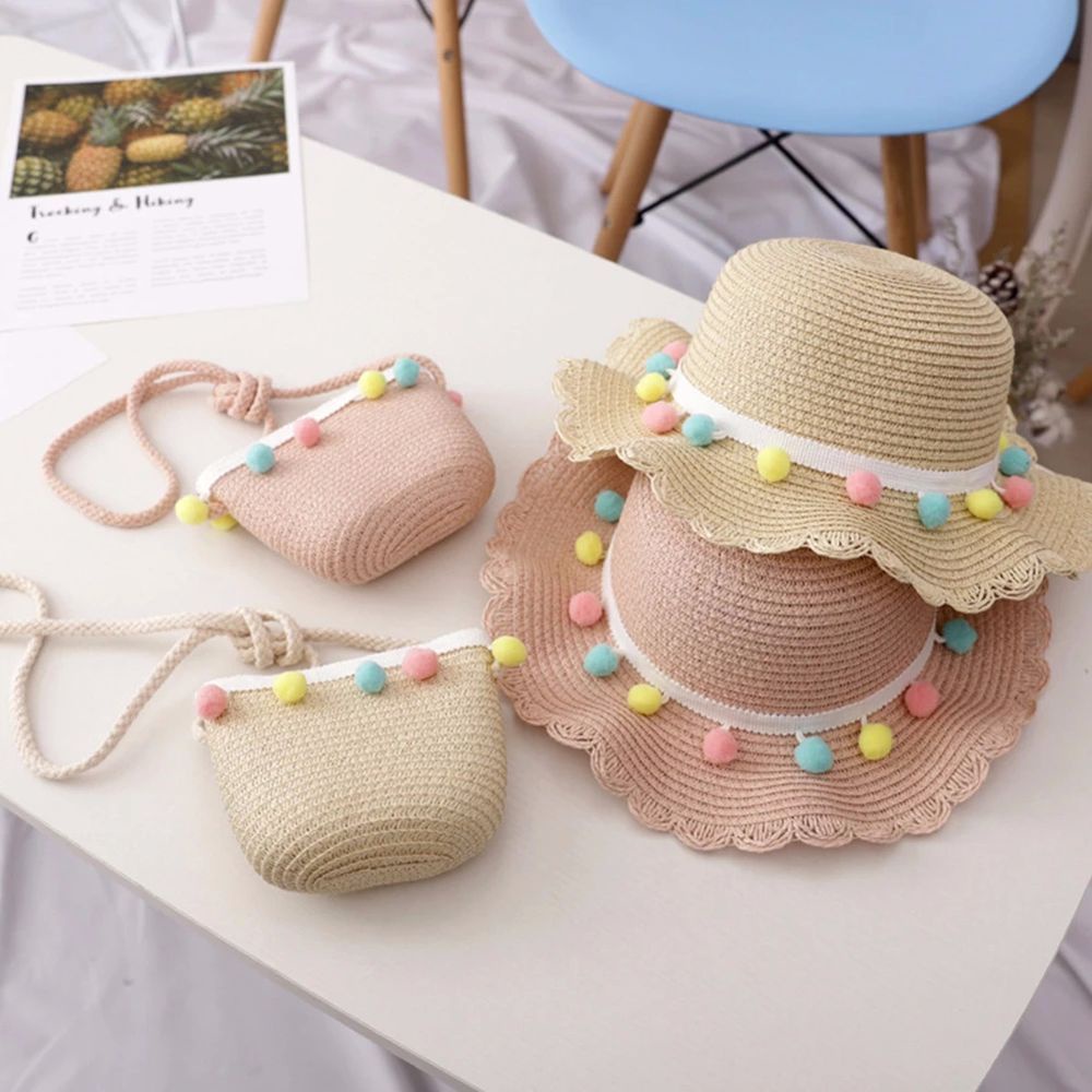 Mũ xô và túi xách tay dệt rơm mềm mại thời trang đi biển nhiều màu sắc dành cho bé gái
