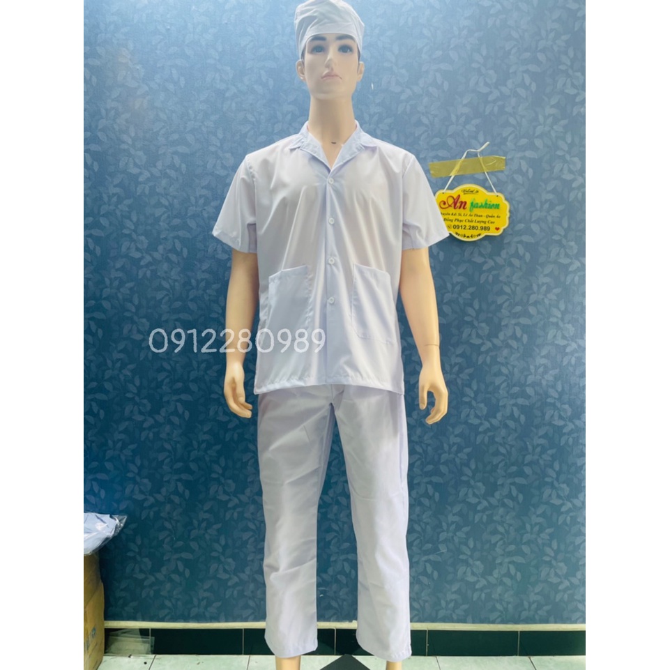 Áo Blouse Trắng Nam Điều Dưỡng Ngắn Tay 2 túi vuông - Áo Bác Sĩ, Dược Sĩ Vải Silk Mịn Mặc Mát.