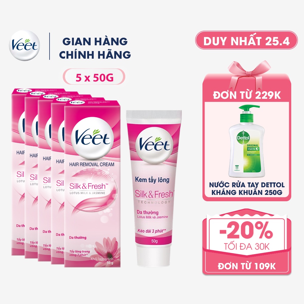 [Mã FMCGVEET52 giảm 8% đơn 250k] Bộ 05 Kem Tẩy Lông Cho Da thường Veet Silk Fresh 50g/ tuýp