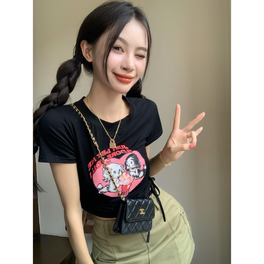 Áo Thun Crop Top Tay Ngắn Cổ Tròn In Hình Chú Chó Hoạt Họa Trái Tim Phối Dây Đeo Thời Trang Mùa Hè Mới Cho Bạn