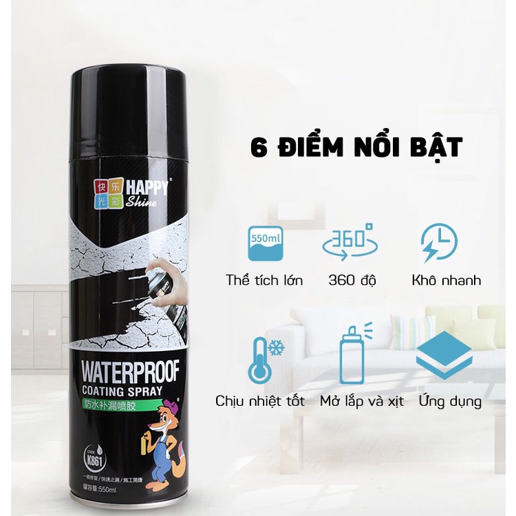 Dung Dịch Xịt Chống Thấm, Chống Dột Cho Mái Nhà, Tường, Ống Nước HAPPY 550ml