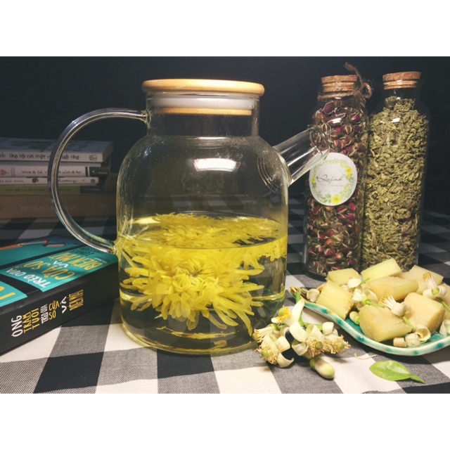 Combo Bình thuỷ tinh chịu nhiệt nắp gỗ - trà quế- trà cam thảo