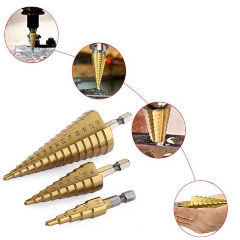 Mũi khoan bước tháo tạo lỗ tròn đủ kích thước 4-12, 4-20, 4-32 mũi phủ Titan cao cấp khoan gỗ, nhựa, mica...