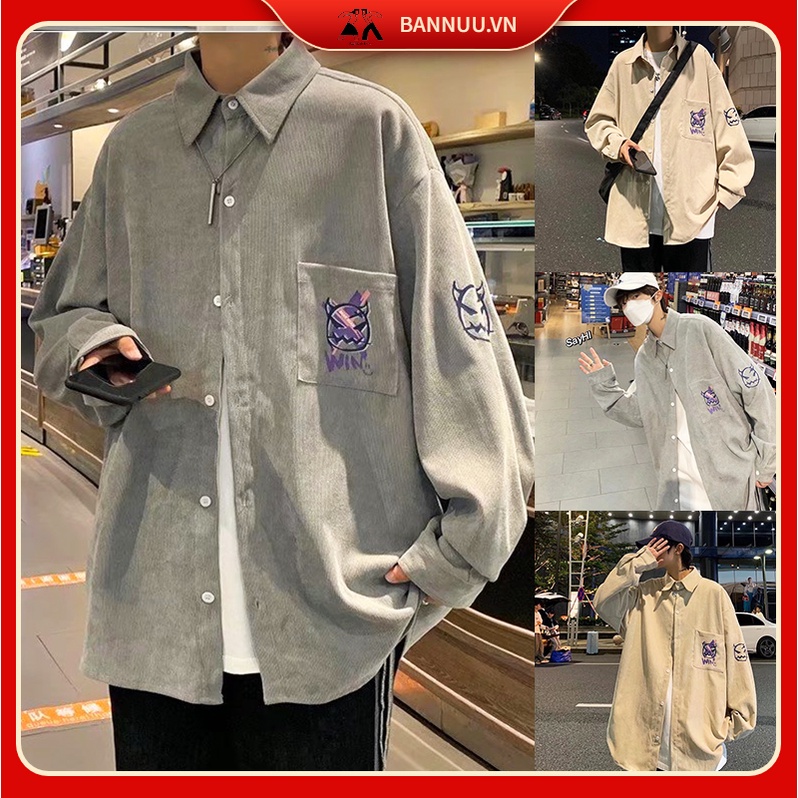 in Bình thường Áo khoác sơ mi Sự đơn giả tạo chiều rộng trong họa tiết cá tính thời trang hàn quốc cho nam cặ đôi áo sơ mi khuôn viên Bình thường áo sơ mi nam nhung tăm fresh from rộng áo sơ mi nam unisex