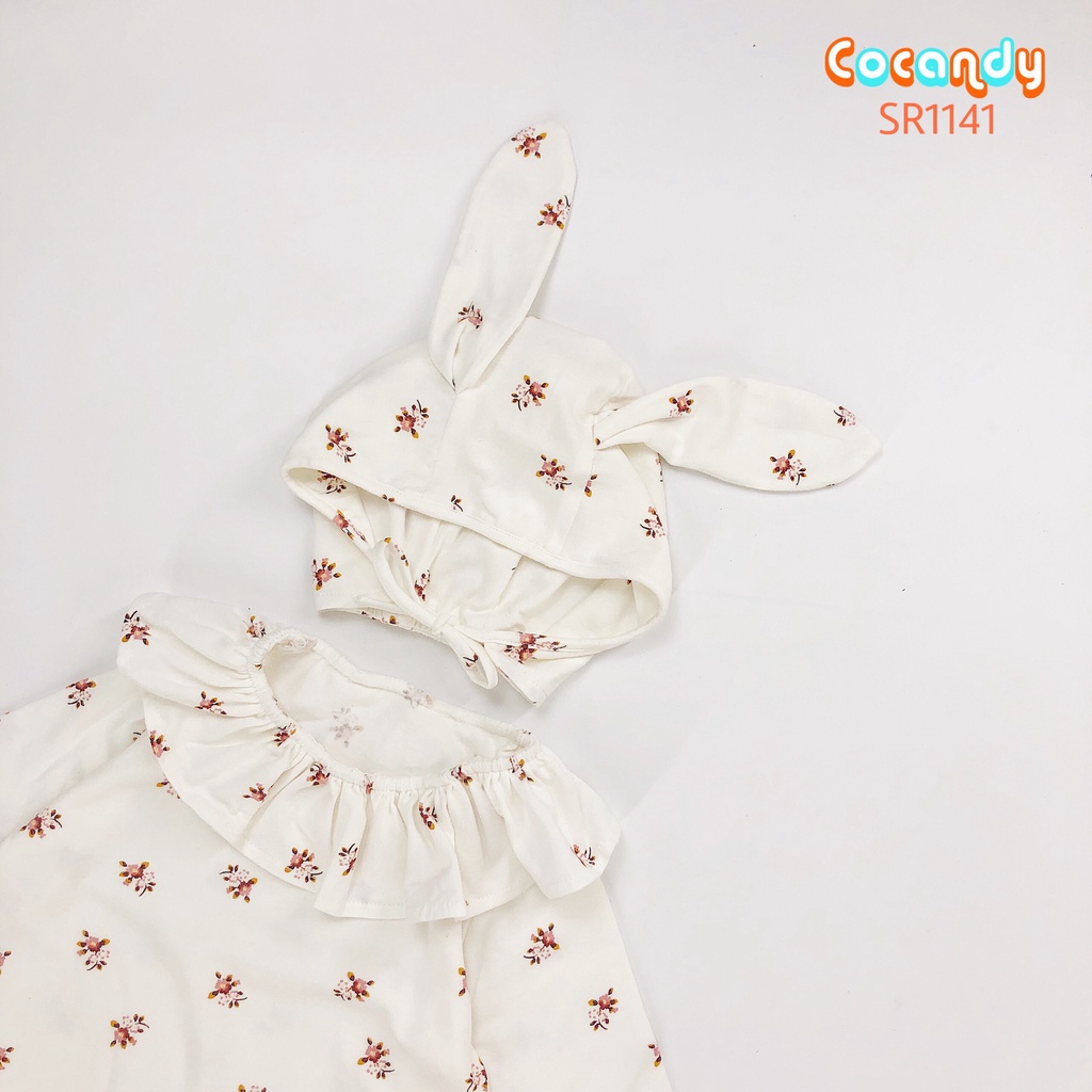 Set bodysuit thun hoa nhí TRẮNG cổ bèo+ mũ của COCANDY mã SR114100