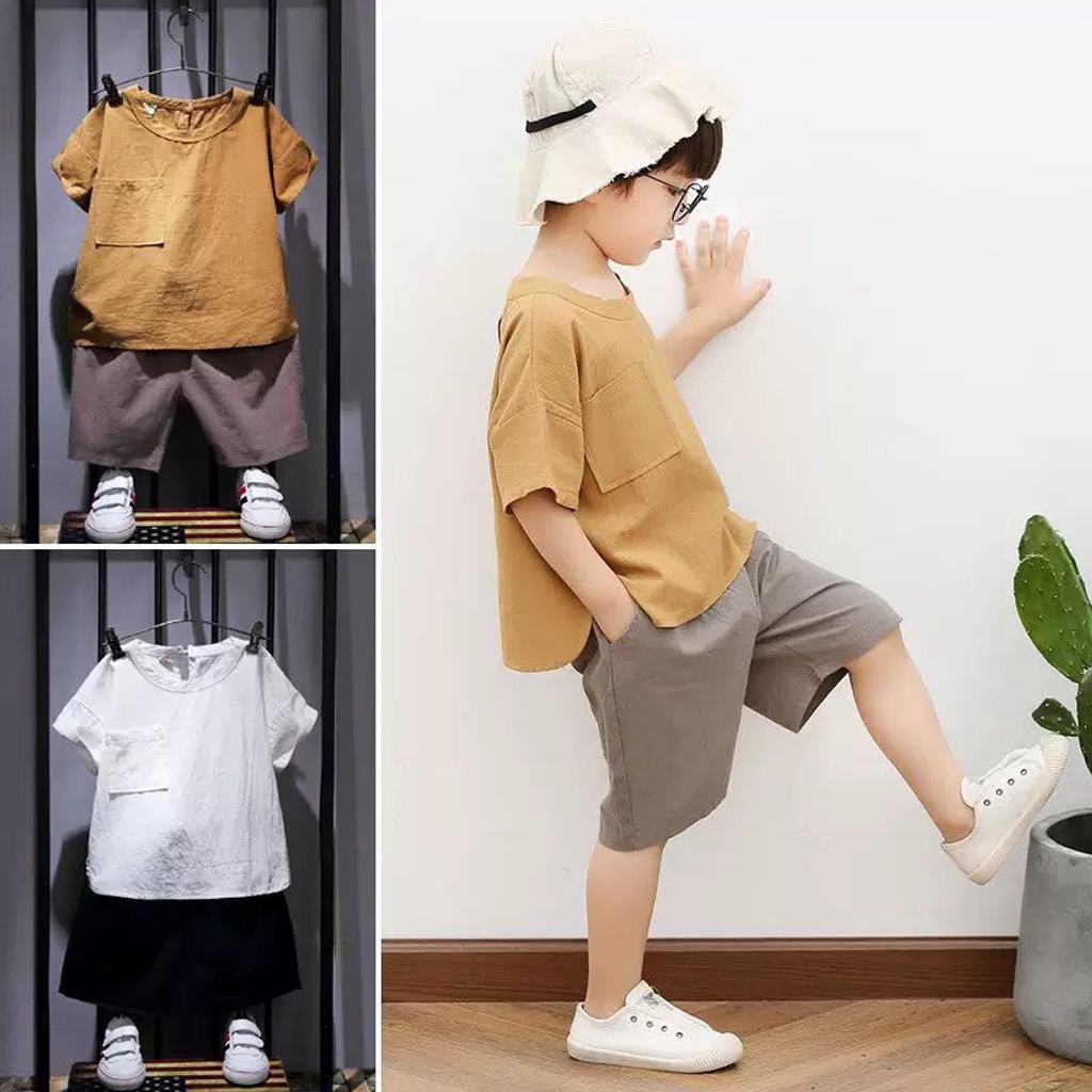 Bộ đồ bé trai, Bộ cộc tay vải đũi có túi ngực cho trẻ mặc đi chơi từ 6-28kg - LILA KIDS