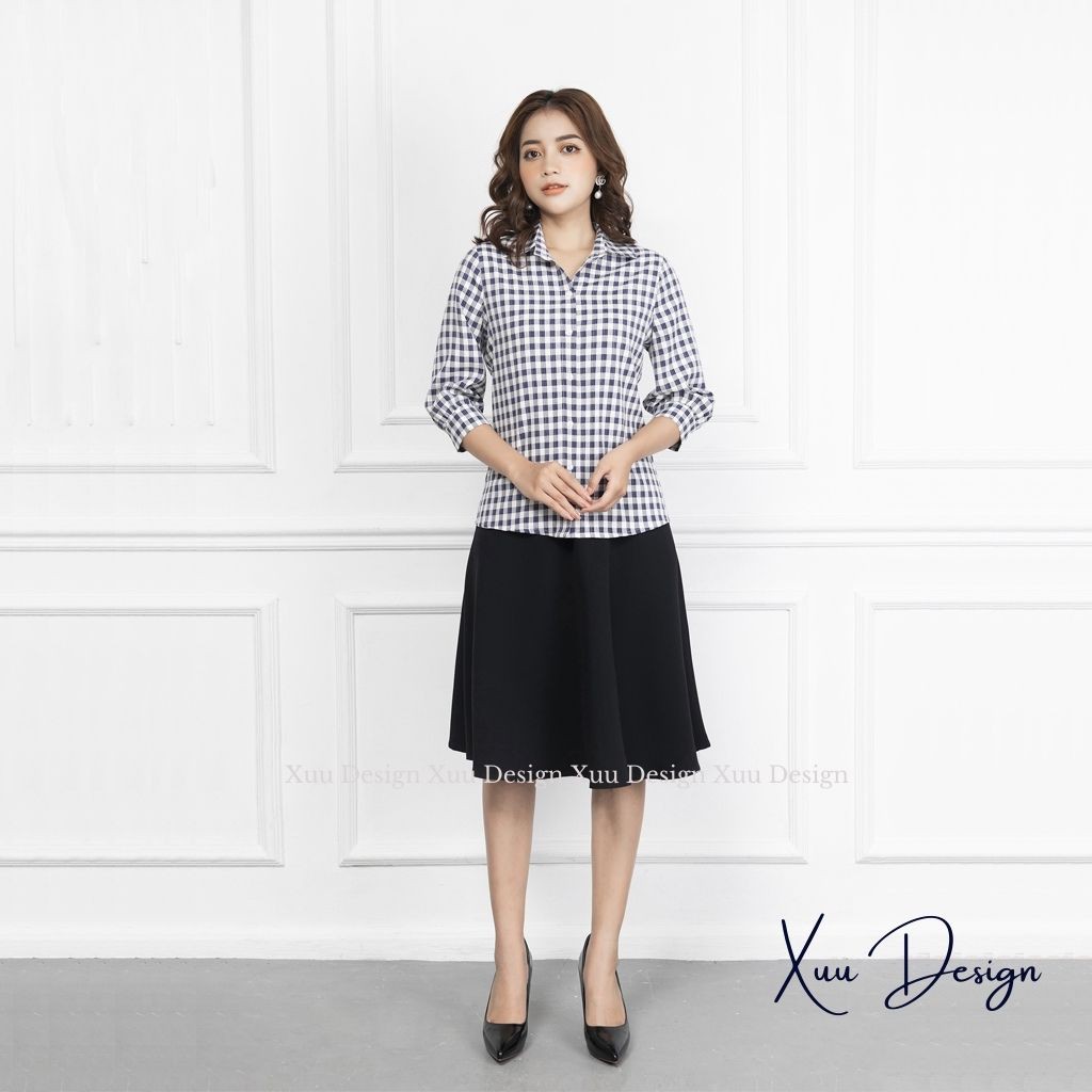 Áo sơ mi nữ Xuu Design, Áo kiểu nữ tay lỡ caro chất Kate cao cấp - Hàng thiết kế Xu02