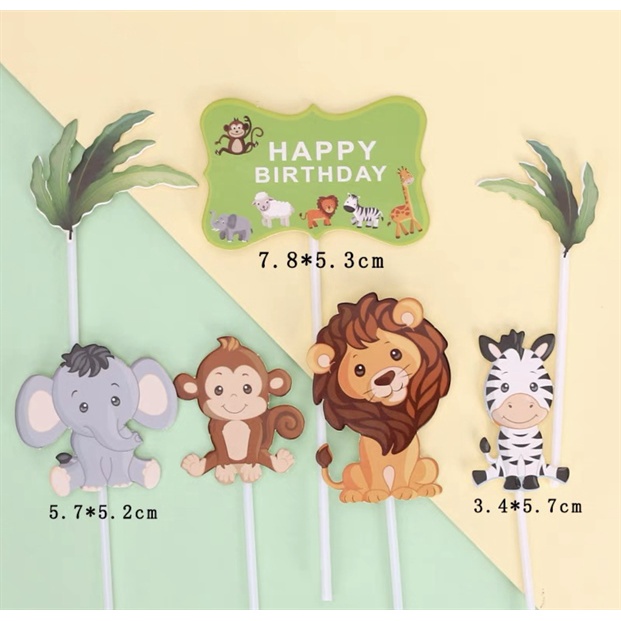 Set 7 que cắm thú HPBD + 2 lá cây_Phụ kiện trang trí bánh