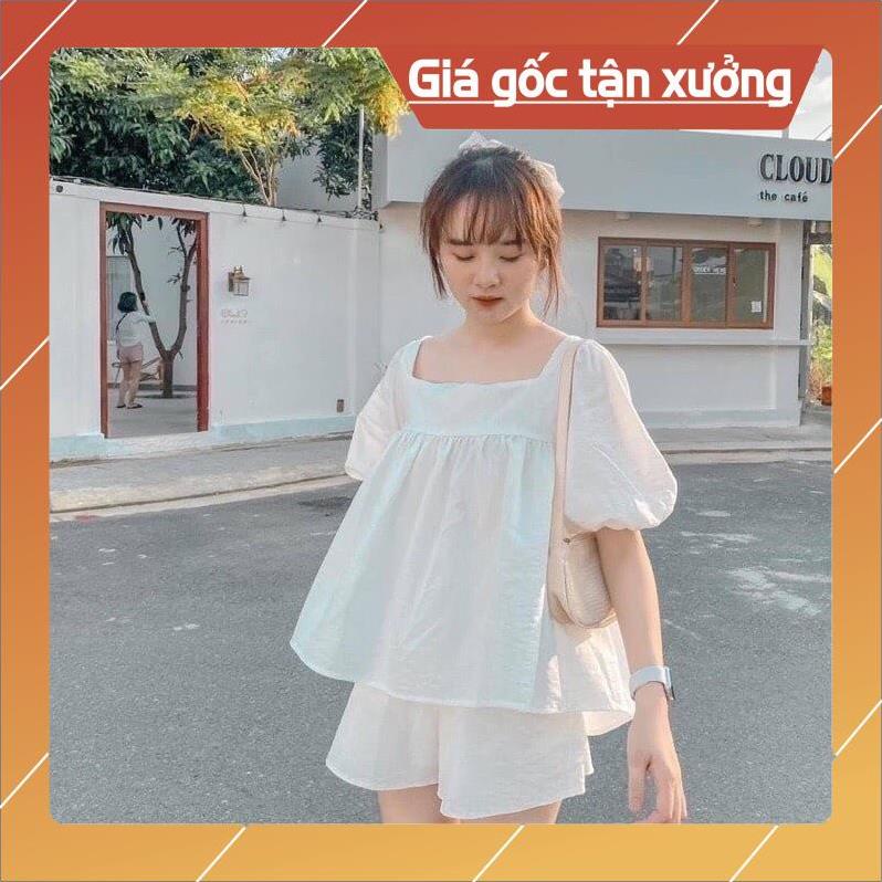 Set Bộ Nữ Áo Babydoll Trắng Tay Phồng Thắt Nơ Lưng , Mix Quần Sooc Chất Vải Mát Freesize Siêu Xinh