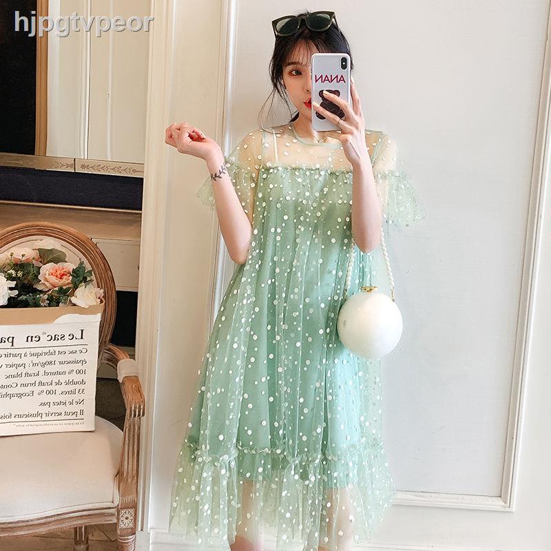☏☸◇đầm bầu màu đỏ lưới mùa hè dài trung cộng size bà hàn quốc Váy giữa thai kỳ