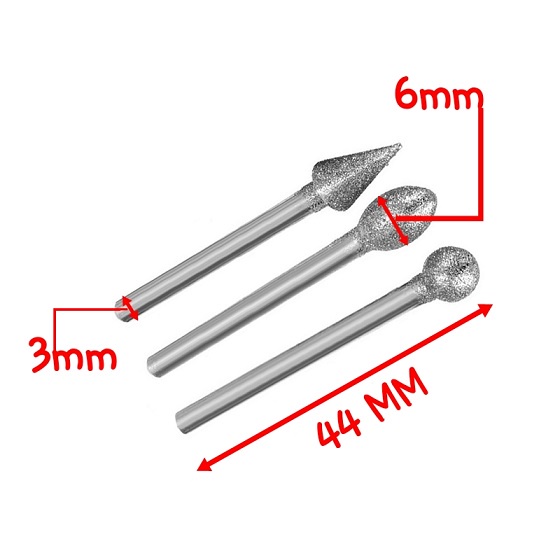 Bộ Phụ Kiện Máy Mài Cầm Tay Gồm 20 Mũi Mài Kim Cương Trục 3mm ∅6mm Tổng Chiều Dài 44mm Chuyên Dụng