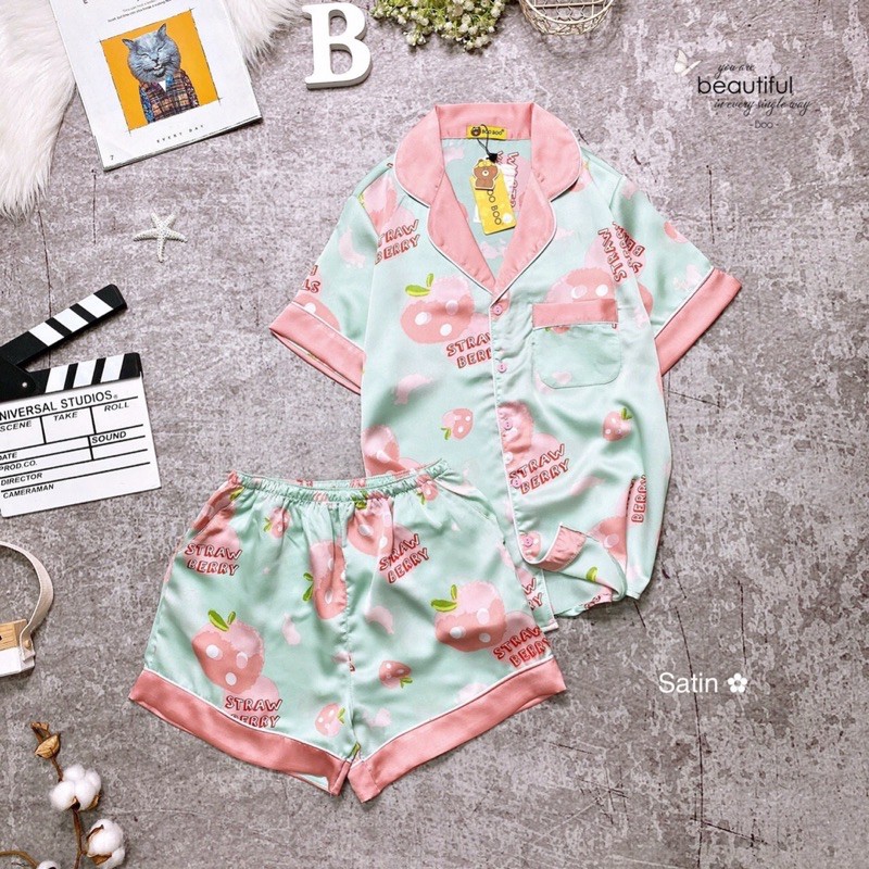 🌸Freeship🌸 Đồ Bộ Pijama Lụa Satin Hoạ Tiết Dễ thương Mặc Nhà Thoải Mái Mát Mẻ