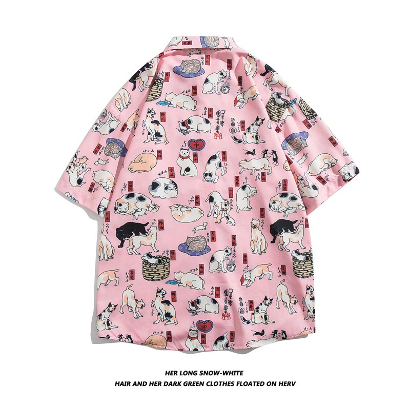 Áo Sơ Mi Tay Ngắn In Họa Tiết Hoạt Hình Mèo Và Chó Phong Cách Hàn Quốc Thời Trang Cho Nam
