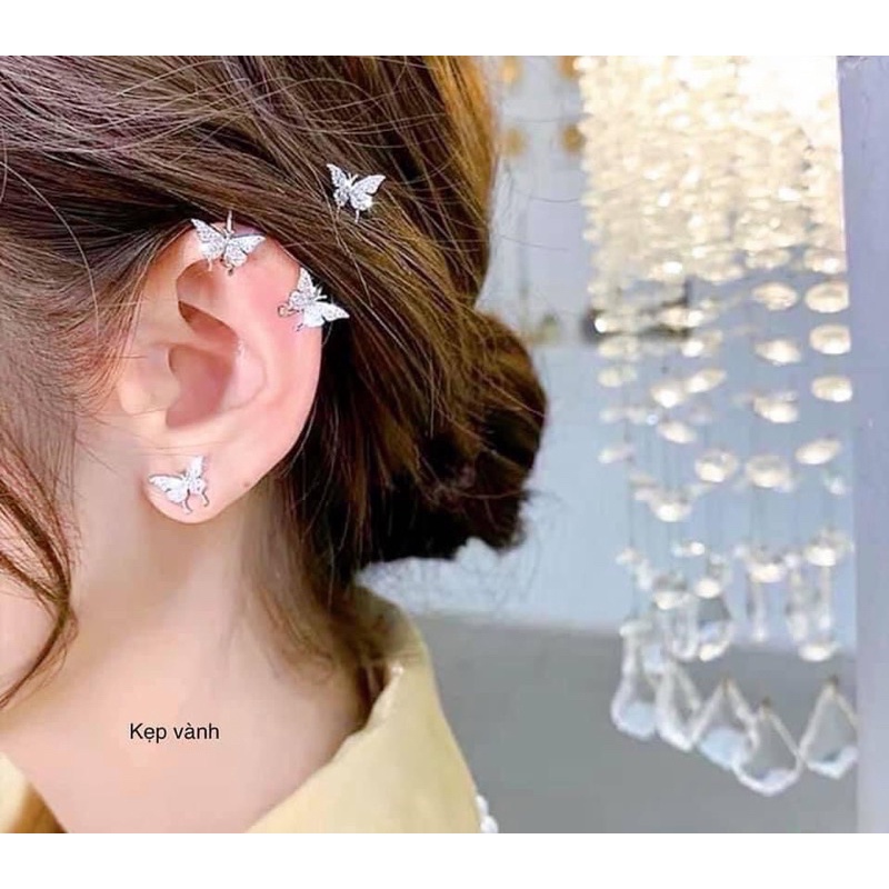 Bông tai nữ bươm bướm kẹp vành tai bạc ta sáng bóng , sang chảnh - Vàng Bạc Khải Khải