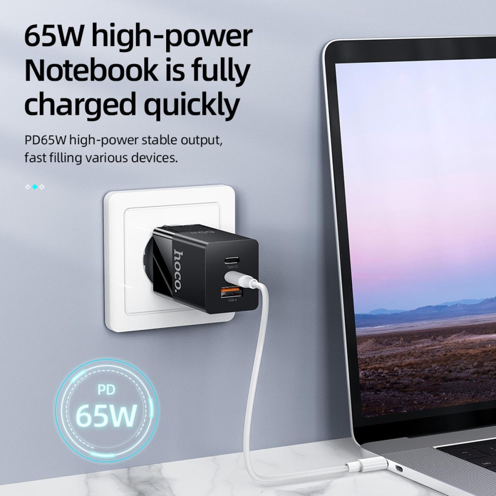 Cốc sạc Hoco GaN Quick Charger 65W cho Smartphone/ Tablet/ iPad/ Macbook/ Laptop (Type Cx2 + USB , PD3.0/ PPS/ QC4.0 )