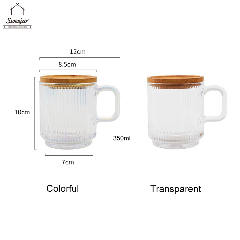 Cốc cà phê nước ép cocktail SWEEJAR thủy tinh không chì có nắp đậy gỗ và quai cầm 350ml tiện lợi