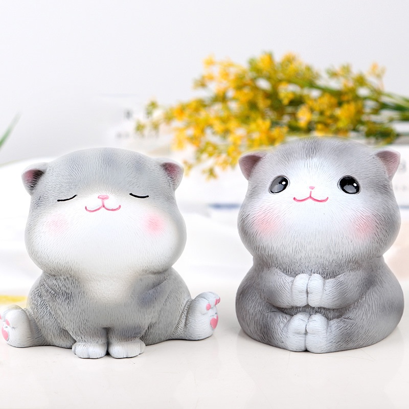 Set mô hình 5 mèo con SOUVENIRS, mô hình mèo mini để bàn màu xám full biểu cảm đáng yêu dễ thương cute