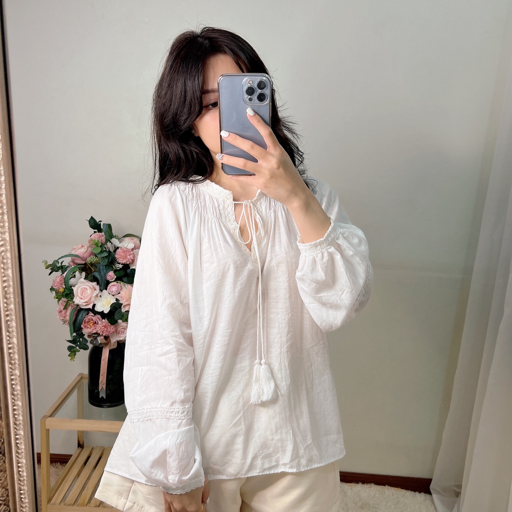 Áo sơ mi nữ babydoll tay bồng cổ rút dây Ulzzang hàng qc