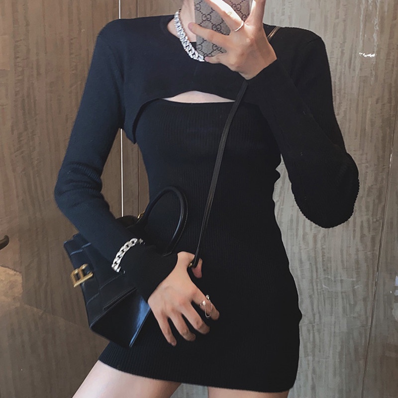 Bộ đồ SUXI gồm đầm 2 dây và áo khoác tay dài phong cách Hàn Quốc thời trang dành cho nữ