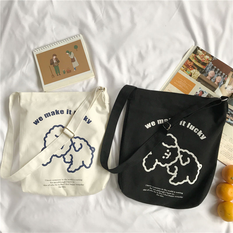 Túi đeo vai vải canvas sức chứa lớn phong cách Hàn Quốc xinh xắn dành cho nữ