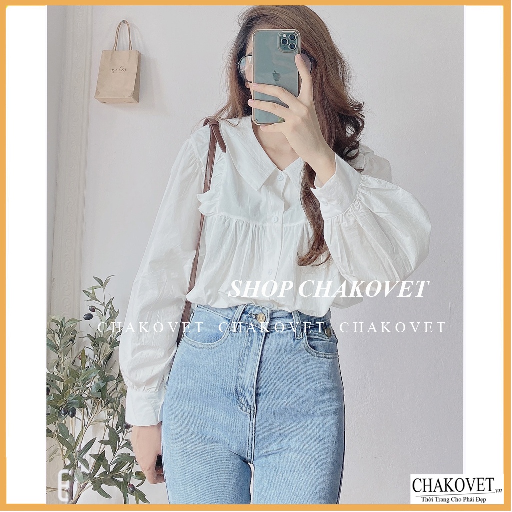 Áo sơ mi nữ dài tay form rộng CKA872, kiểu áo nữ cổ bẻ dáng babydoll trắng tiểu thư vai bèo mặc đi làm, đi học, đi chơi | BigBuy360 - bigbuy360.vn