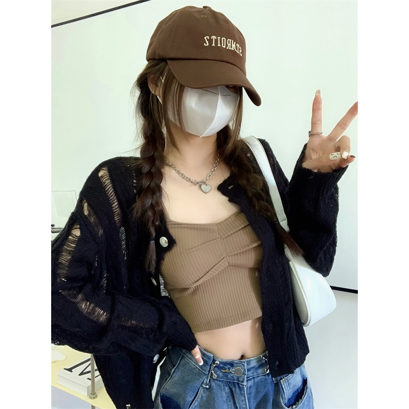 【ZHELIHANGFEI】Áo Cardigan Dệt Kim Tay Dài Lưng Cao Kiểu Dáng Quyến Rũ