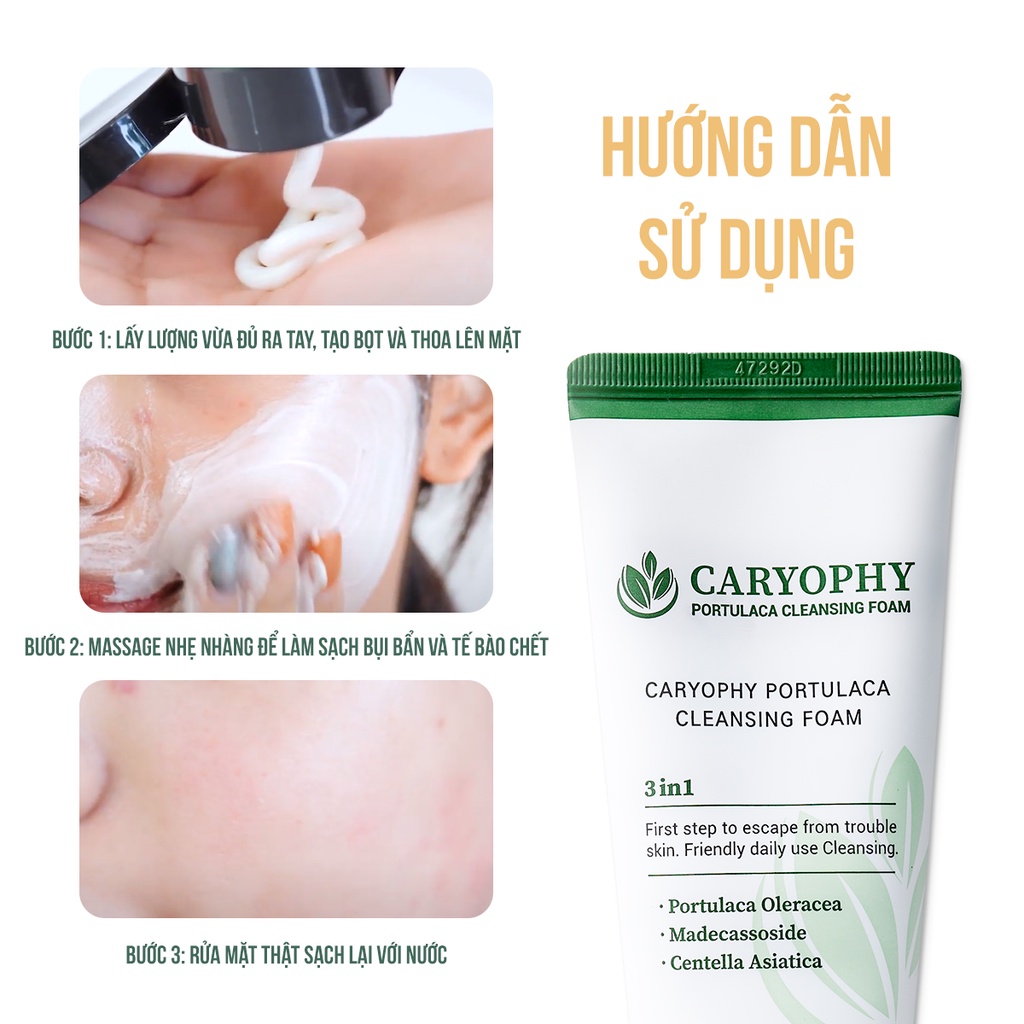 Bộ chăm sóc da giảm mụn mờ thâm Caryophy Portulaca (nước tẩy trang 300ml sữa rửa mặt 150ml serum 10ml)