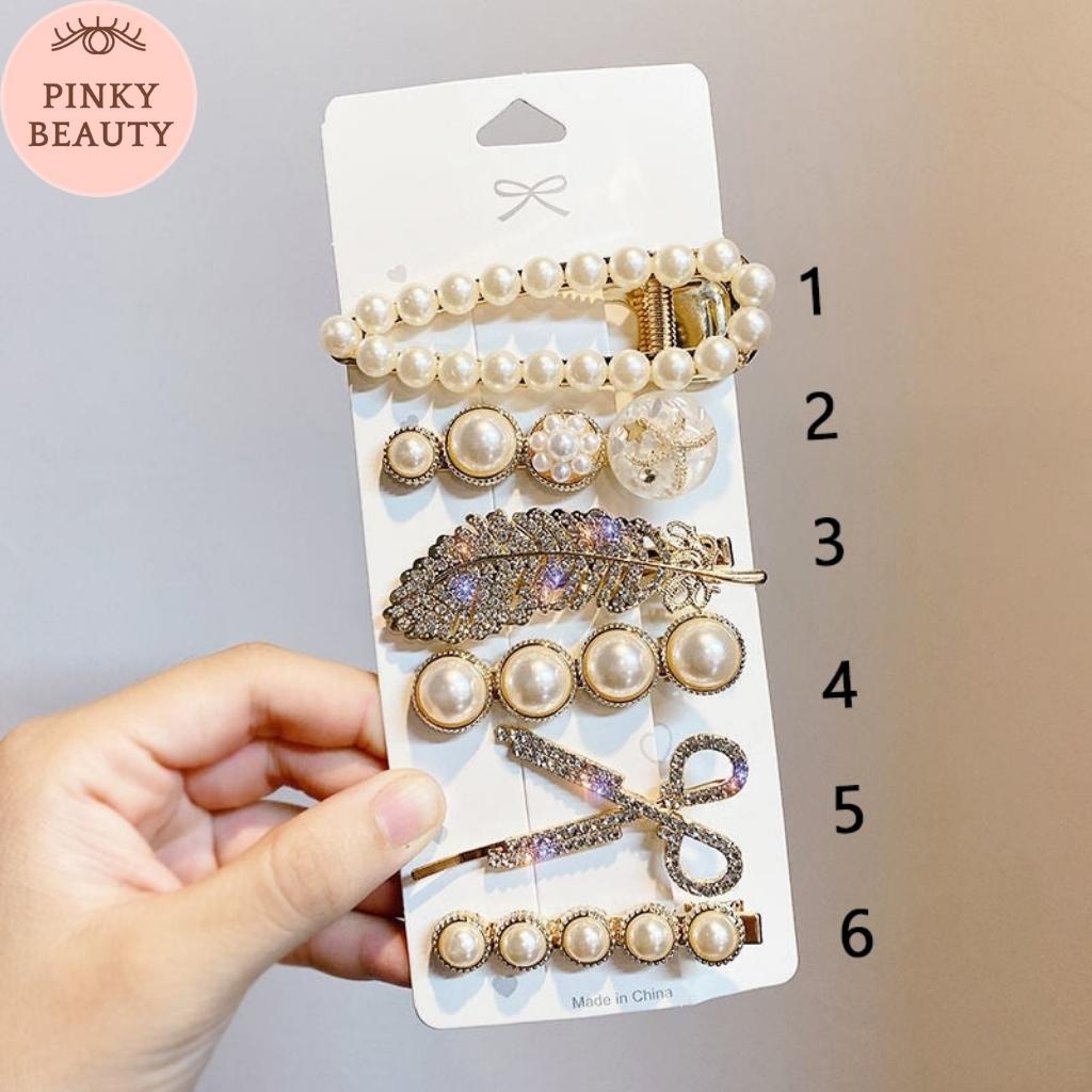Set 6 Kẹp Tóc Đính Đá Ngọc Trai Nhân Tạo Phong Cách Tiểu Thư Hàn Quốc Xinh Xắn Cá Tính Cho Nữ - Pinky Beauty