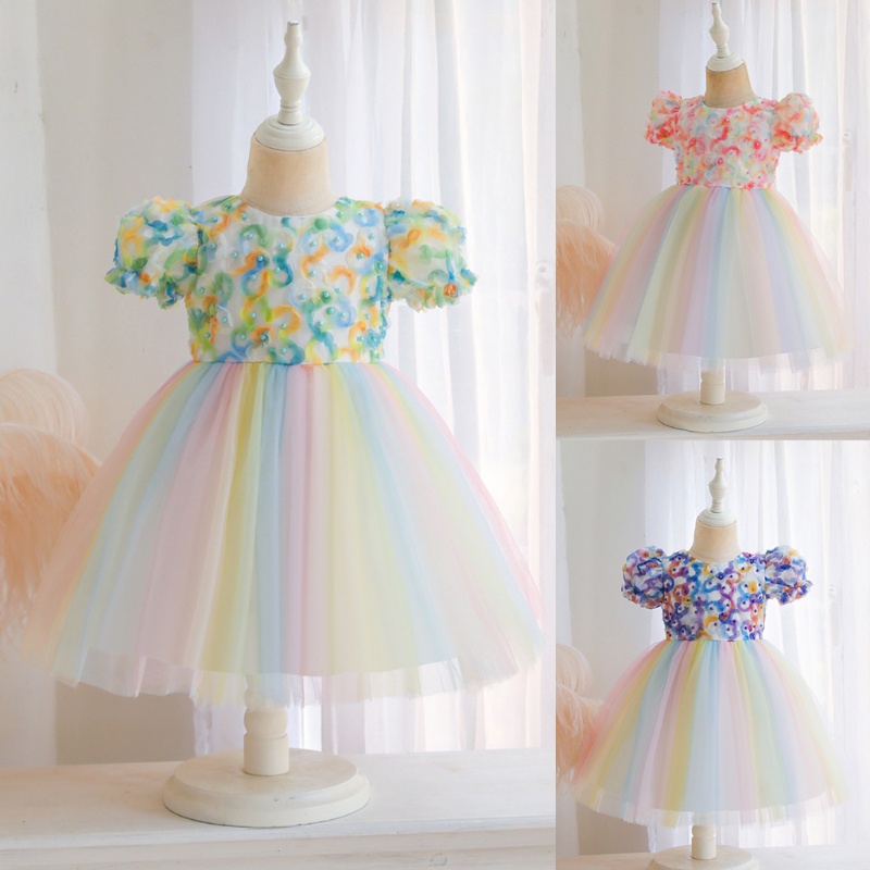 Đầm Công Chúa Vải Tuyn Tay Phồng Đính Hạt Và Hoa 3D Cho Bé Gái