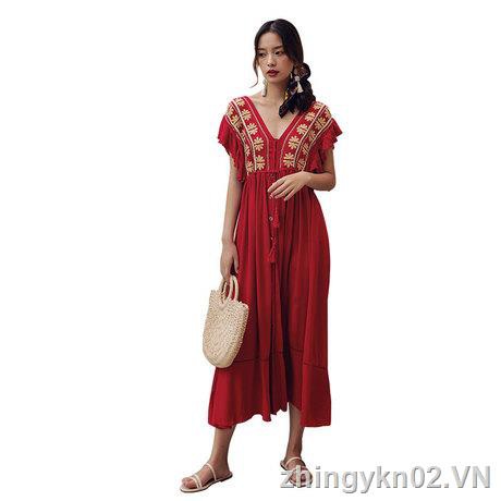 【In Stock & COD】NEW Đầm Đi Biển Màu Đỏ Mỏng Nhẹ Thời Trang 2019 Cho Nữ