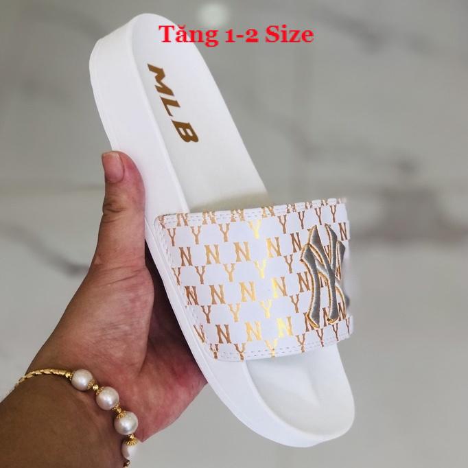 Dép unisex 𝐌𝐋𝐁 𝗡𝗬 ❤️FREESHIP + Hộp❤️ dép bóng chày mlb ny quai ngang thể thao nam nữ Thêu nỗi NY-NY GV-trắng-chữ-vàng
