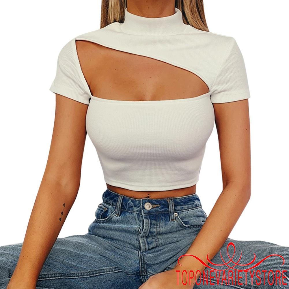 Áo Croptop Dệt Kim Thiết Kế Cổ Khoét Sâu Quyến Rũ