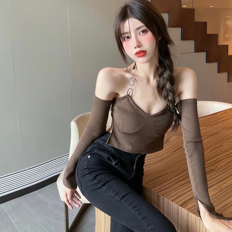 Áo Thun Croptop Tay Dài Hở Lưng Phối Dây Xích Màu Sắc Trơn Phong Cách Hàn Quốc Quyến Rũ Dành Cho Nữ