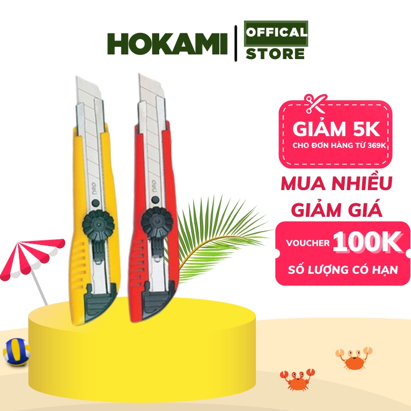 Dao rọc giấy Deli - 2 màu vàng , đỏ - 1 cái E2043 - tặng kèm 3 lưỡi phụ 18mm - văn phòng phẩm - HOKAMI STORE