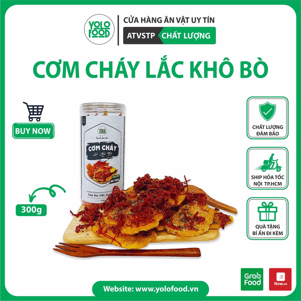 Cơm cháy lắc khô gà/chà bông/khô bò 300g YOLOFOOD đồ ăn vặt ngon, cơm cháy chiên mắm mix khô, giòn thơm, đóng hộp atvstp