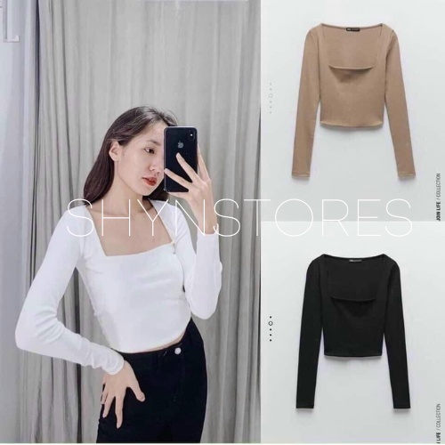 Áo thun tăm cổ vuông dài tay form ôm dáng croptop