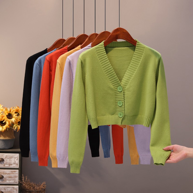 Áo Khoác Cardigan Ngắn Cổ Chữ V Màu Xanh Lá Phong Cách Hàn Quốc Thời Trang Xuân Thu Dành Cho Nữ | BigBuy360 - bigbuy360.vn