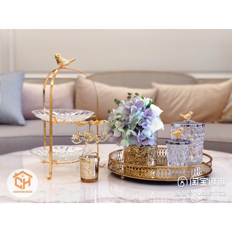 Khay Pha Lê Tráng Gương Viền Mạ Vàng Tròn Đựng Mỹ Phẩm Decor Trang Trí Cam Homeware
