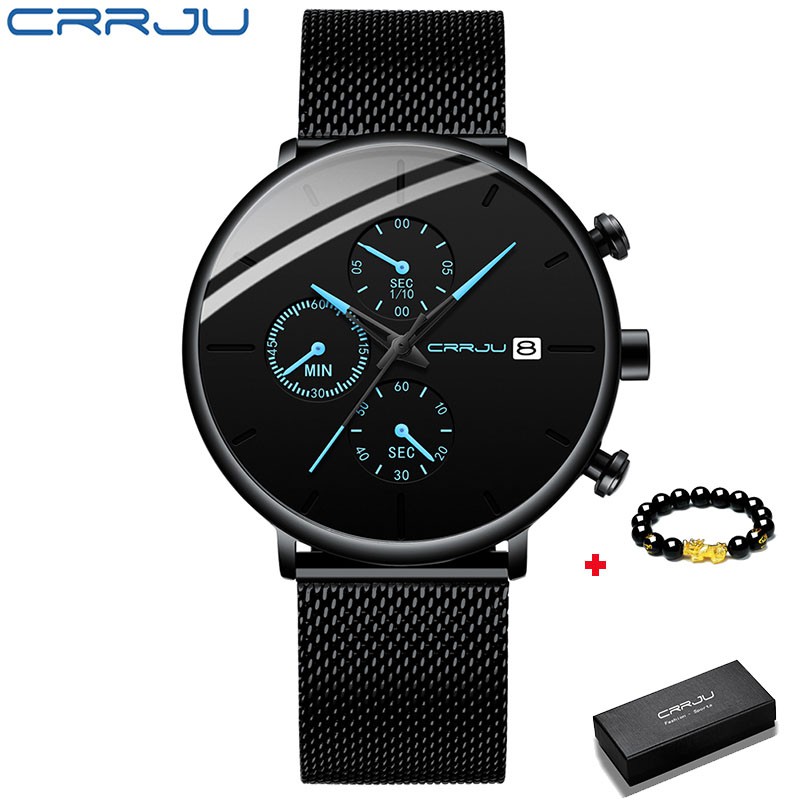 Đồng Hồ CRRJU 2268 Có Hiển Thị Ngày Phong Cách Thể Thao Độc Đáo Với Dây Đeo Lưới Thép Không Gỉ Cho Unisex