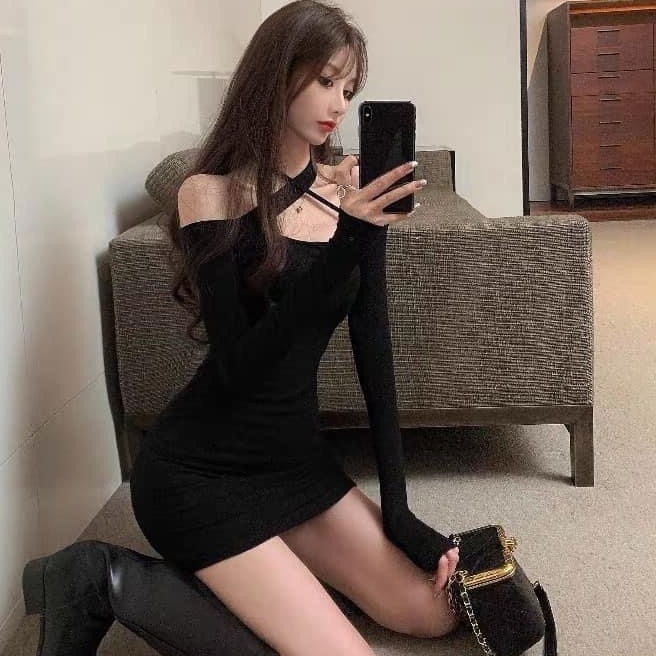 Đầm body bệt vai phối dây chéo cổ siêu hót chất vải thun Borip FreeSize
