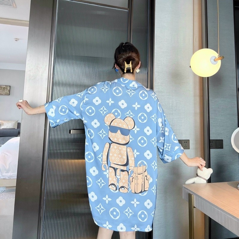 Váy ngủ sơ mi tay lỡ ro bốt đeo kính K007 lụa satin cao cấp quảng châu.