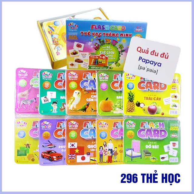 Bộ thẻ học thông minh loại TO 296 thẻ song ngữ với 20 chủ đề giáo dục đầu đời cho bé