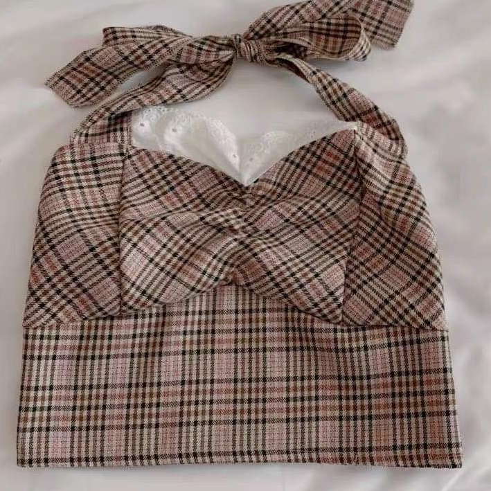 Áo kẻ croptop buộc nơ sau cổ chun lưng hàng QC