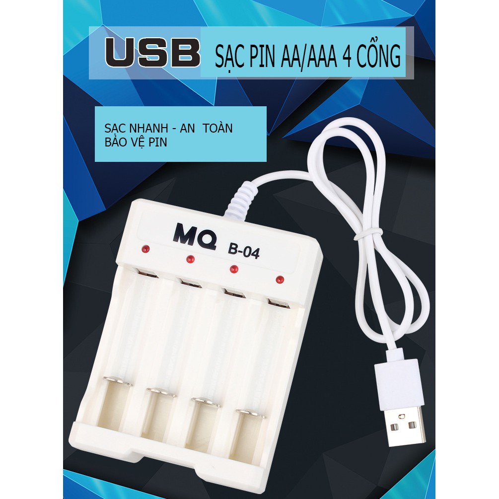 Bộ sạc pin AA, sạc pin AAA (sạc pin tiểu) 4 cổng đầu cắm USB - MQ-B04