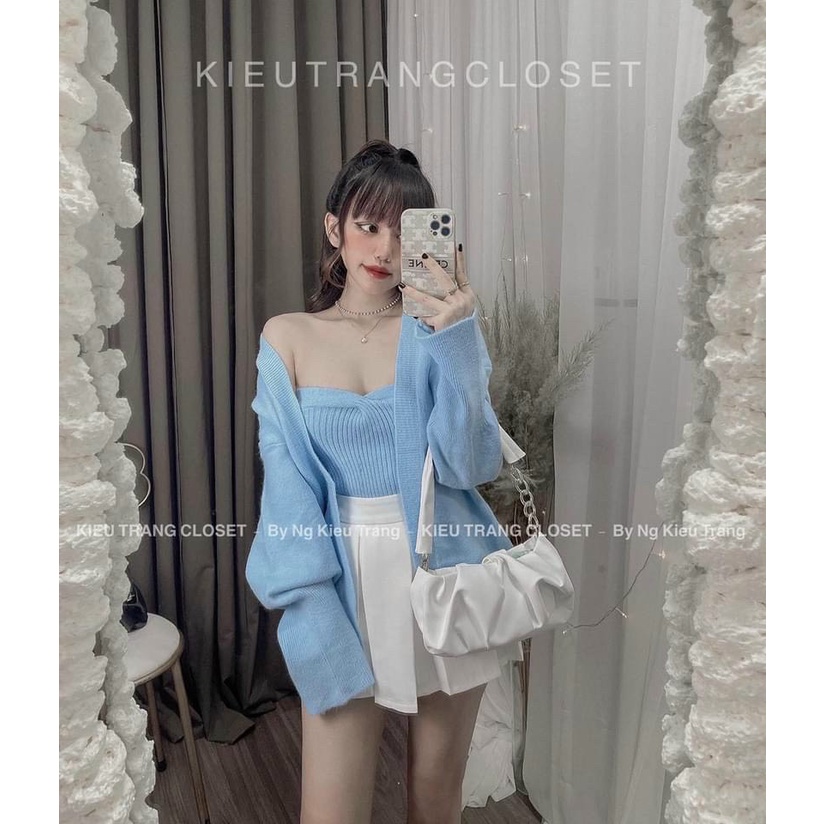 Set áo len lông thỏ áo 2 dây kèm áo khoác trơn màu quảng châu đẹp CS185