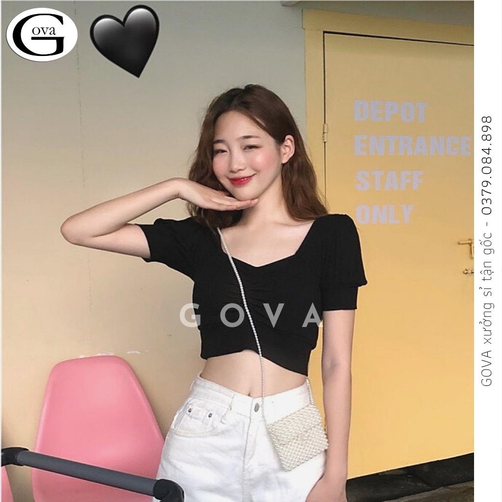 Áo Croptop Tay Phồng Ngắn Cổ Vuông Nhún Ngực Siêu Xinh Satiny DB63