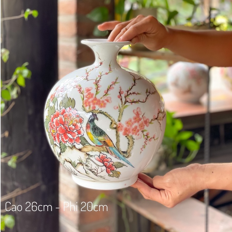 Bình Hút Lộc Hạc Đào, Trĩ Đào hoạ tiết vẽ tay, Lọ Hoa Hút Tài Lộc Trang Trí, Decor Phòng Khách - Gốm Sứ Bát Tràng