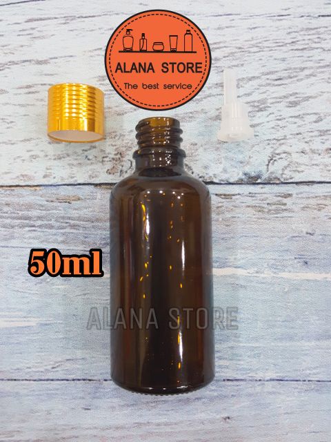 Lọ thủy tinh nâu nắp tinh dầu nhôm vàng 50ml